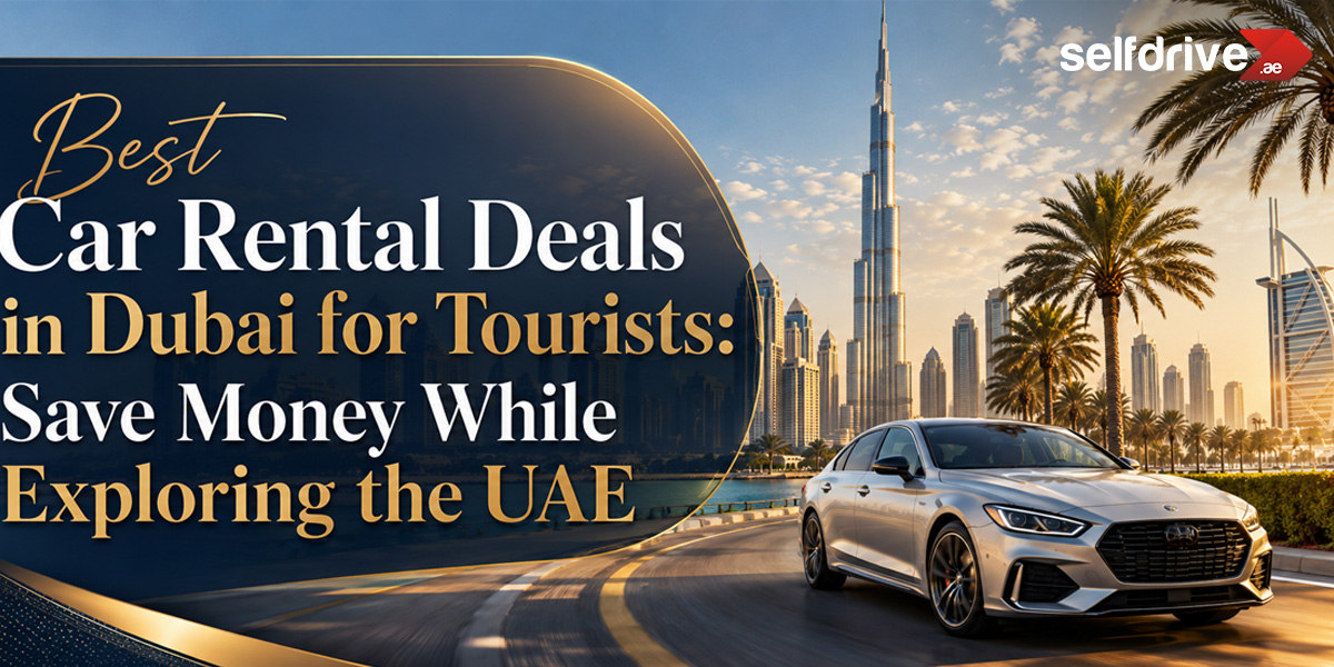 A silver car drives on a palm-lined road with the Burj Khalifa in the background. Text promotes best car rental deals in Dubai for tourists, highlighting savings and exploring the UAE.